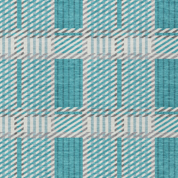 10' X 14' Teal Blue Gray And Ivory Plaid Washable Indoor Outdoor Area Rug