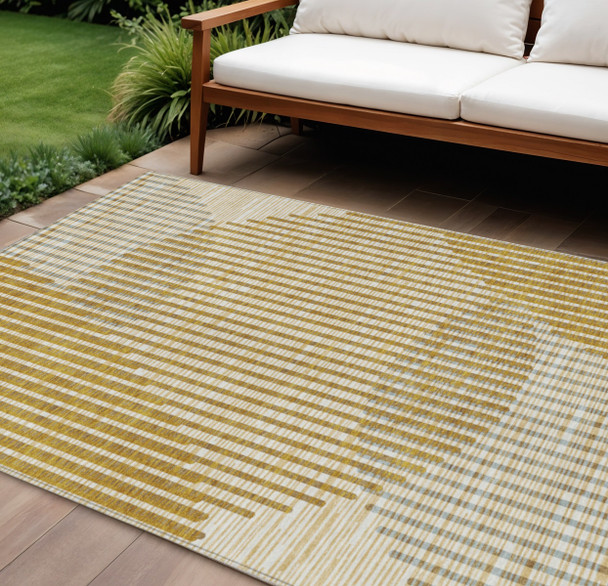 9' X 12' Gold And Beige Geometric Washable Indoor Outdoor Area Rug