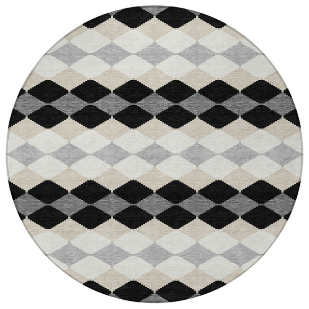 8' Black Ivory And Beige Round Geometric Washable Indoor Outdoor Area Rug