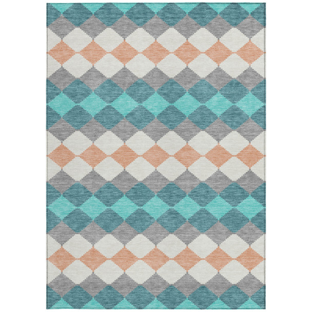 5' X 8' Teal Blue Gray And Copper Geometric Washable Indoor Outdoor Area Rug
