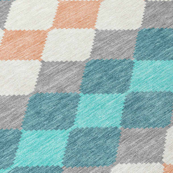 8' Teal Blue Gray And Copper Round Geometric Washable Indoor Outdoor Area Rug