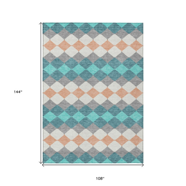 9' X 12' Teal Blue Gray And Copper Geometric Washable Indoor Outdoor Area Rug