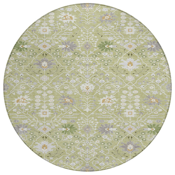 8' Artichoke Green Gray And Ivory Round Oriental Washable Indoor Outdoor Area Rug
