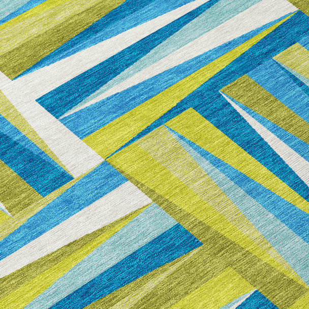 3' X 5' Teal Blue Green And Ivory Geometric Washable Indoor Outdoor Area Rug