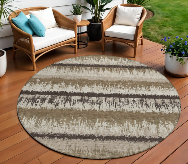 8' Brown Beige And Ivory Round Striped Washable Indoor Outdoor Area Rug