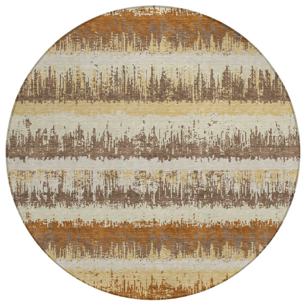 8' Brown Beige And Ivory Round Striped Washable Indoor Outdoor Area Rug