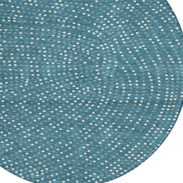 8' Teal Blue Gray And Ivory Round Polka Dot Washable Indoor Outdoor Area Rug