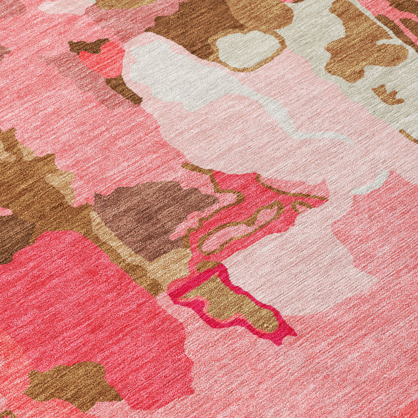 5' X 8' Coral Pink And Brown Abstract Washable Indoor Outdoor Area Rug