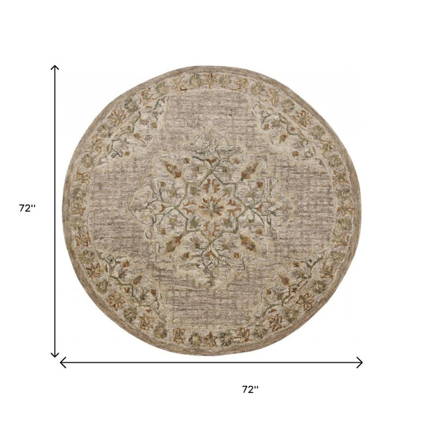 6' Round Beige Distressed Medallion Area Rug