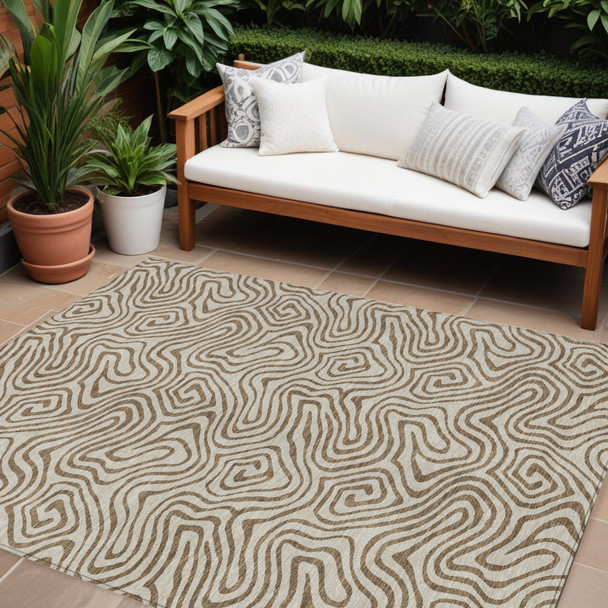 9' X 12' Beige And Brown Abstract Washable Indoor Outdoor Area Rug