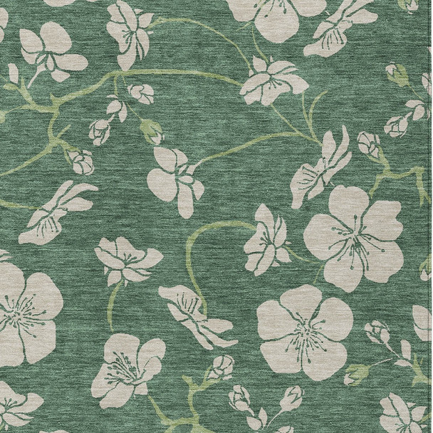 9' X 12' Sage And Ivory Floral Washable Indoor Outdoor Area Rug