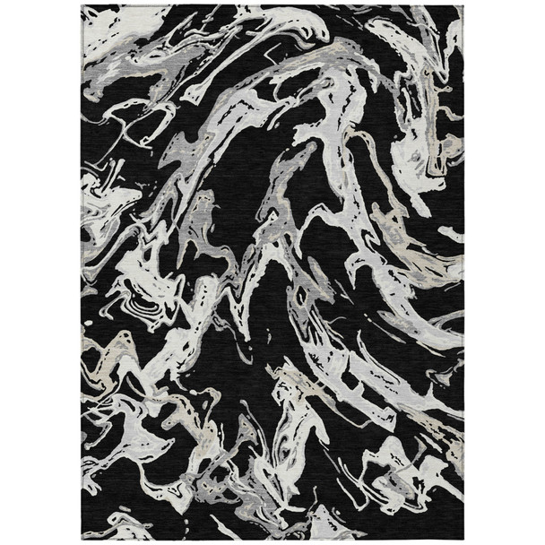 5' X 8' Black And Gray Abstract Washable Indoor Outdoor Area Rug