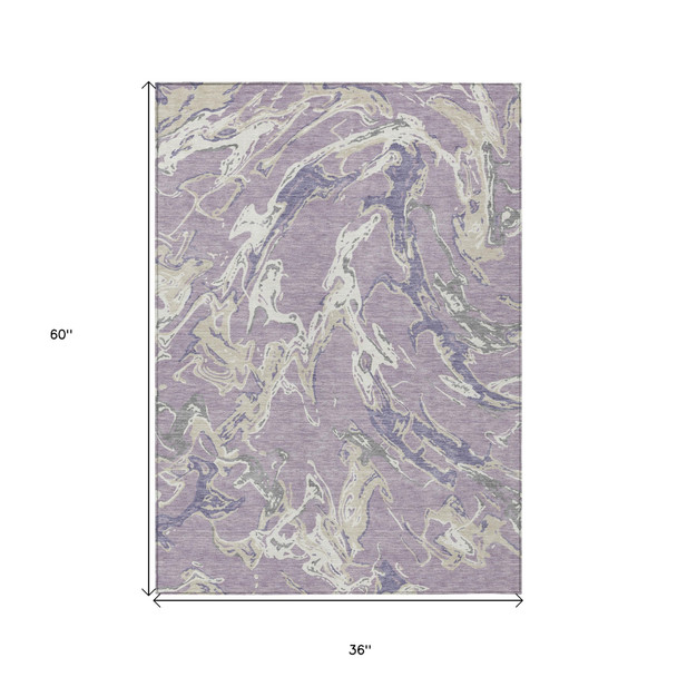 3' X 5' Lavender And Ivory Abstract Washable Indoor Outdoor Area Rug
