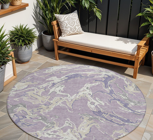 8' Lavender And Ivory Round Abstract Washable Indoor Outdoor Area Rug