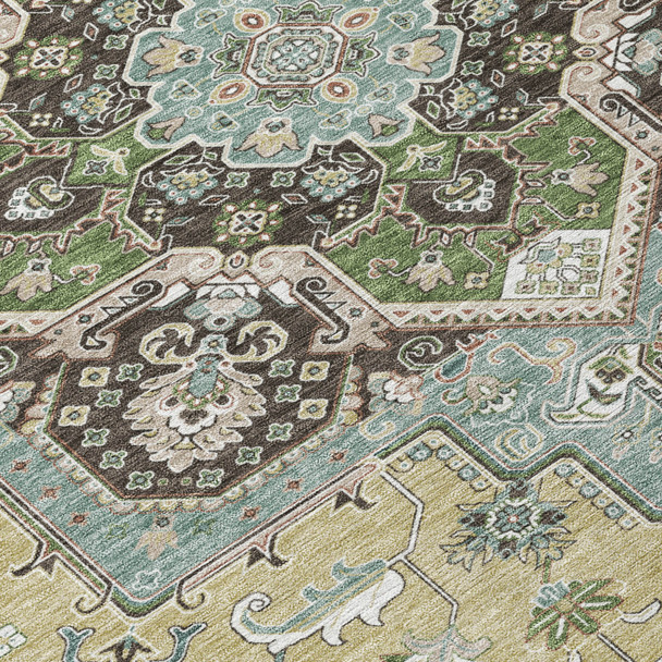 5' X 8' Beige Green And Brown Oriental Washable Indoor Outdoor Area Rug