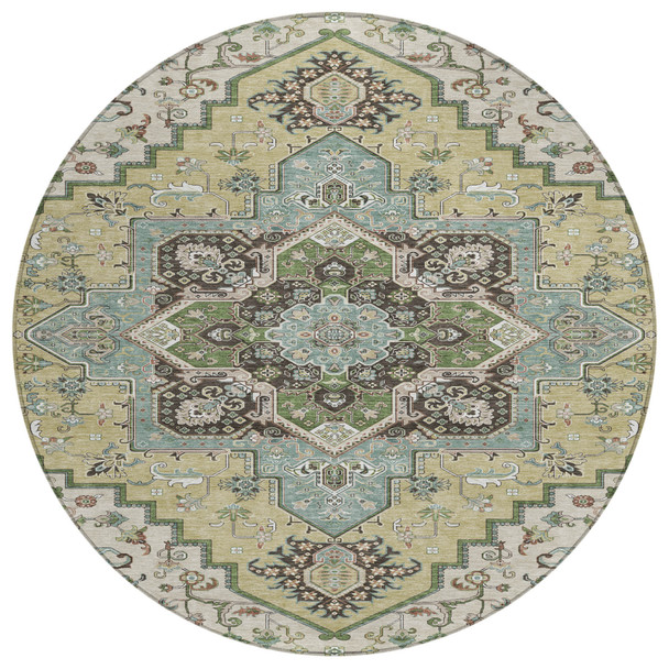 8' Beige Green And Brown Round Oriental Washable Indoor Outdoor Area Rug