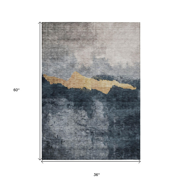 3' X 5' Blue Gray And Gold Abstract Washable Indoor Outdoor Area Rug