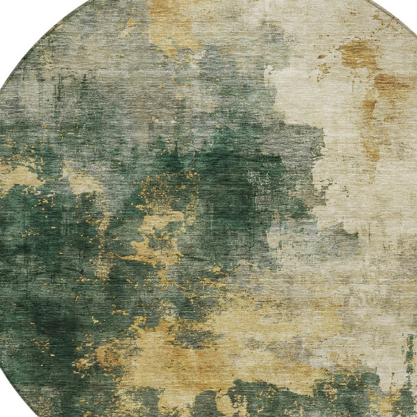 8' Fern Green And Gold Round Abstract Washable Indoor Outdoor Area Rug