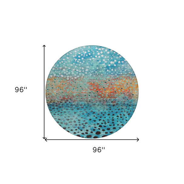 8' Blue Terra Cotta And Black Round Abstract Washable Indoor Outdoor Area Rug