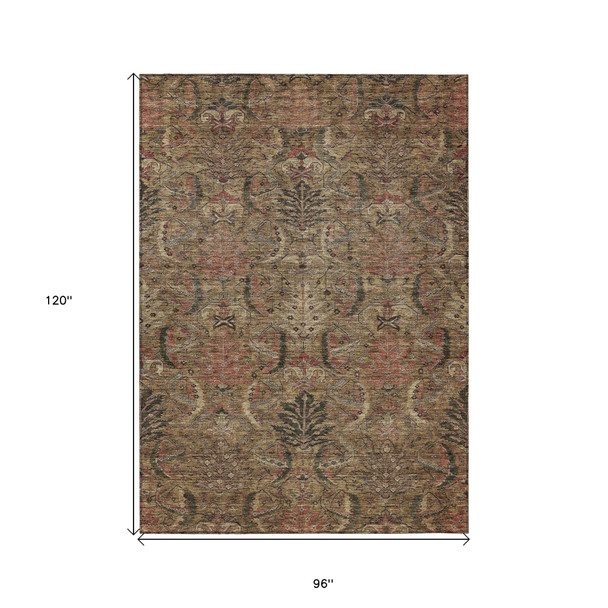 8' X 10' Brown Charcoal And Brick Red Damask Washable Indoor Outdoor Area Rug
