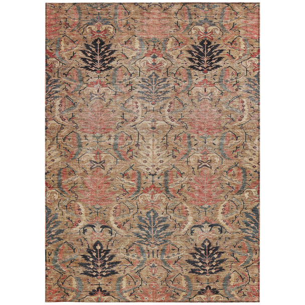 5' X 8' Khaki Terra Cotta And Black Damask Washable Indoor Outdoor Area Rug