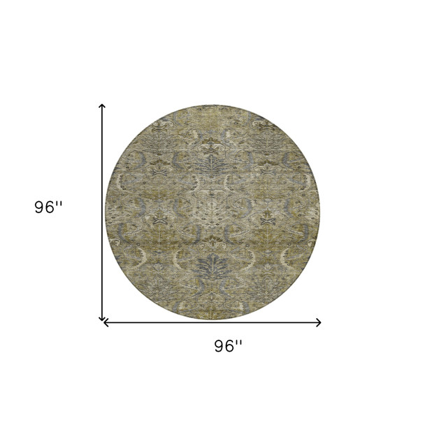 8' Taupe And Gray Round Damask Washable Indoor Outdoor Area Rug