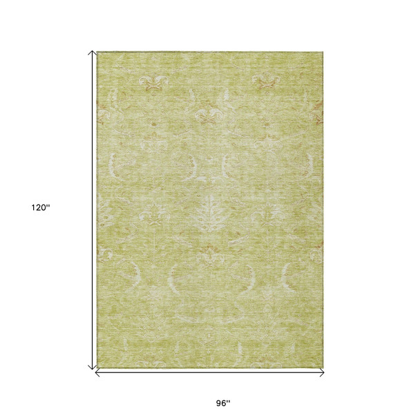 8' X 10' Artichoke Green And Ivory Damask Washable Indoor Outdoor Area Rug