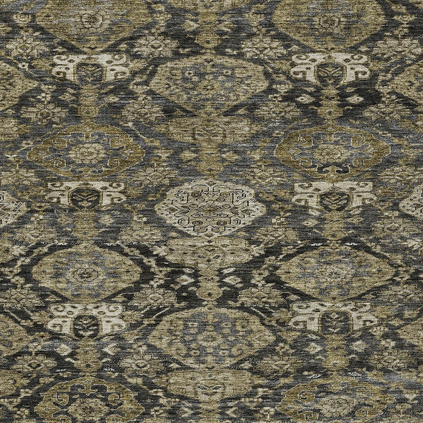 5' X 8' Charcoal And Beige Damask Washable Indoor Outdoor Area Rug