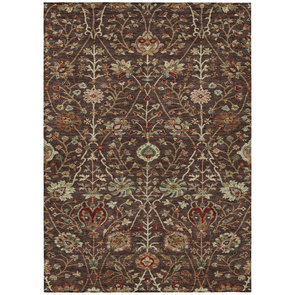 9' X 12' Chocolate Tan And Green Floral Washable Indoor Outdoor Area Rug