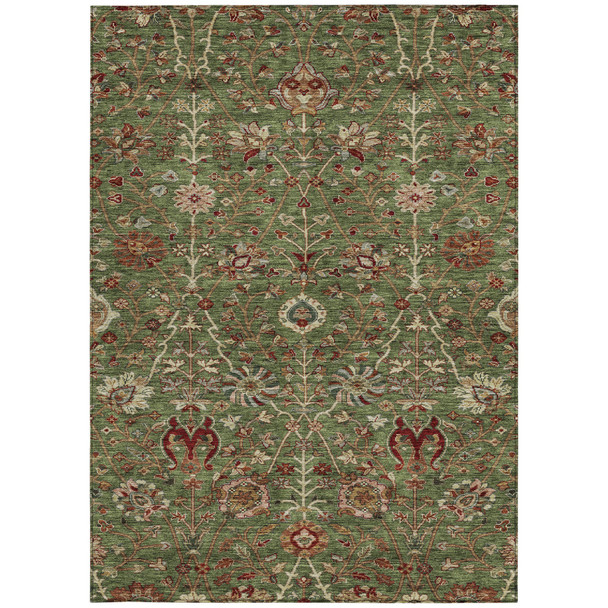 9' X 12' Fern Green Brown And Red Floral Washable Indoor Outdoor Area Rug