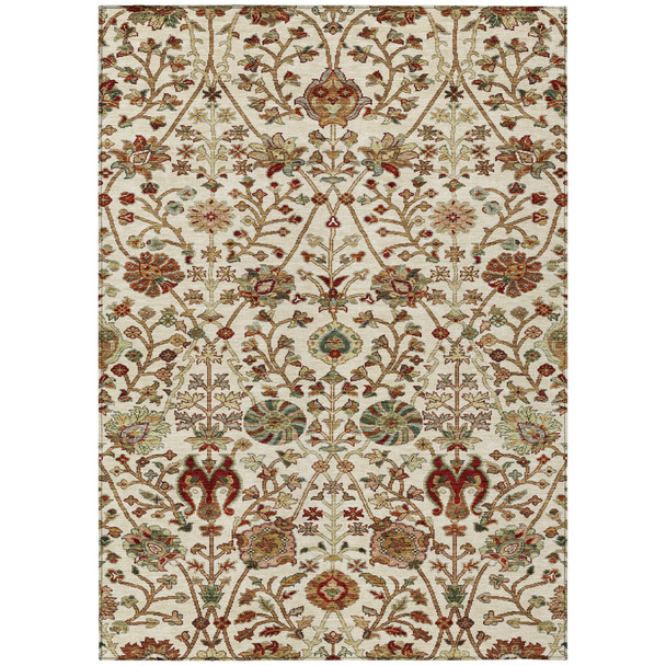 5' X 8' Ivory Brown And Red Floral Washable Indoor Outdoor Area Rug