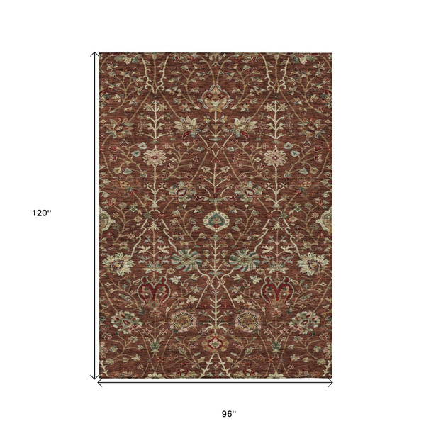8' X 10' Brown Tan And Red Floral Washable Indoor Outdoor Area Rug