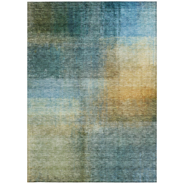 5' X 8' Blue Gold And Green Abstract Washable Indoor Outdoor Area Rug
