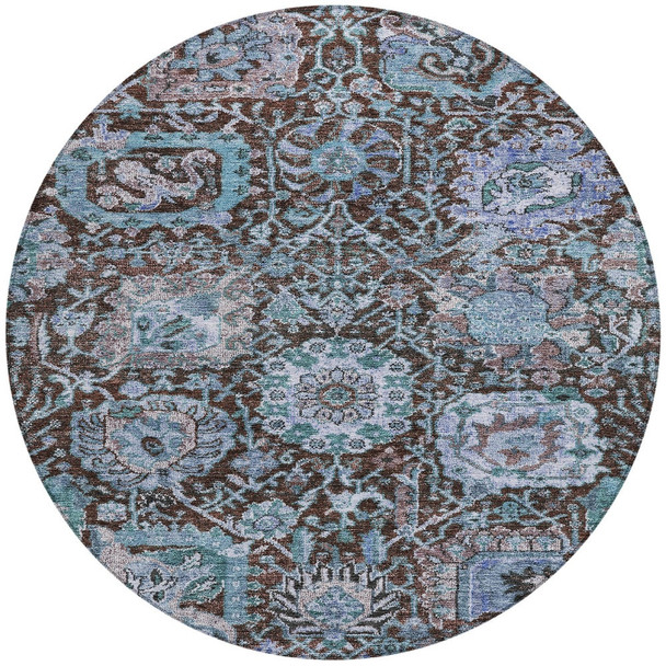 8' Chocolate And Aqua Round Damask Washable Indoor Outdoor Area Rug