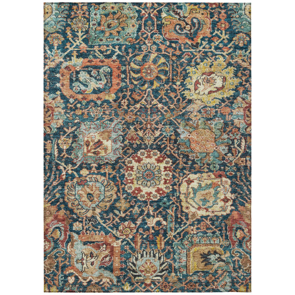 5' X 8' Navy Blue Terra Cotta And Beige Damask Washable Indoor Outdoor Area Rug
