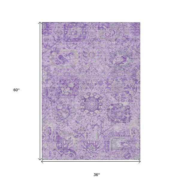 3' X 5' Lavender And Gray Damask Washable Indoor Outdoor Area Rug