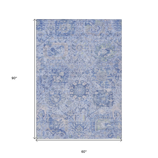 5' X 8' Sky Blue Ivory And Gray Damask Washable Indoor Outdoor Area Rug