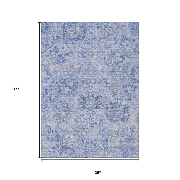 9' X 12' Sky Blue Ivory And Gray Damask Washable Indoor Outdoor Area Rug