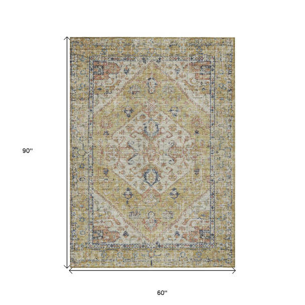 5' X 8' Wheat Terra Cotta And Black Oriental Washable Indoor Outdoor Area Rug