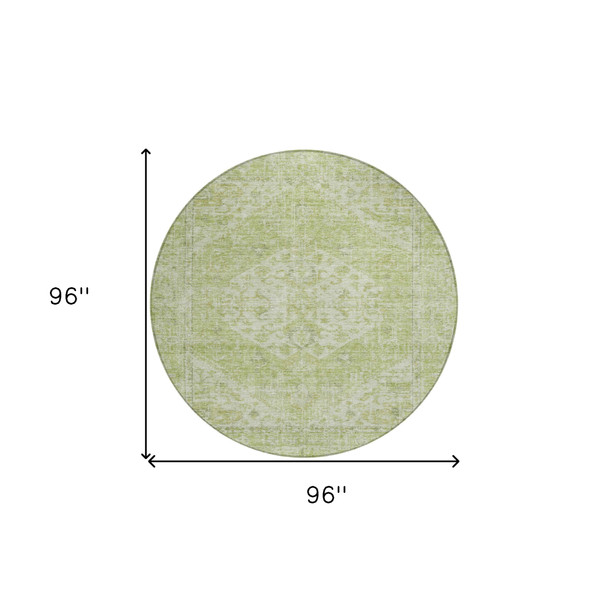 8' Sage And Ivory Round Oriental Washable Indoor Outdoor Area Rug