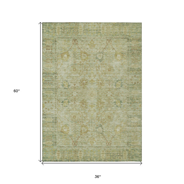 3' X 5' Sage Green And Brown Oriental Washable Indoor Outdoor Area Rug