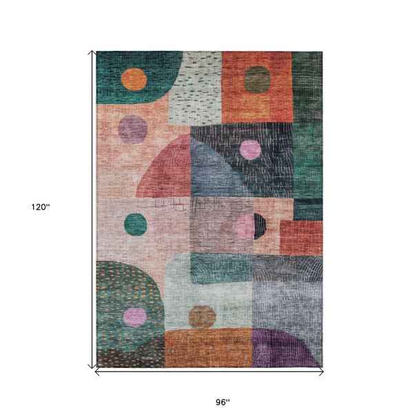 8' X 10' Orange Purple And Green Geometric Washable Indoor Outdoor Area Rug