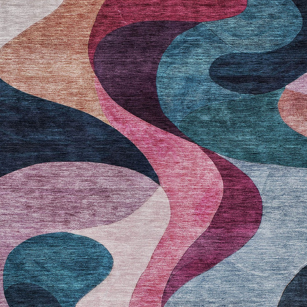 5' X 8' Green Pink And Teal Blue Abstract Washable Indoor Outdoor Area Rug