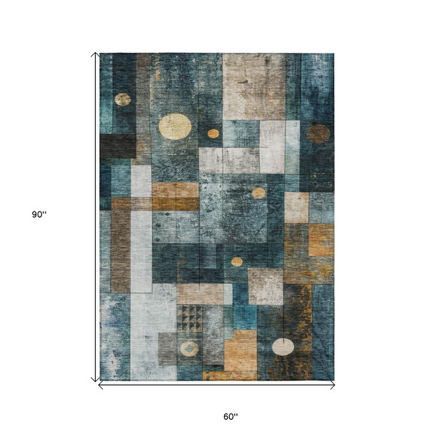 5' X 8' Teal Blue Gray And Gold Geometric Washable Indoor Outdoor Area Rug