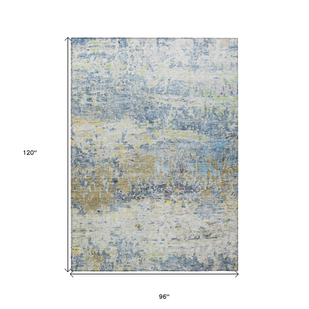 8' X 10' Blue Green And Ivory Abstract Washable Indoor Outdoor Area Rug