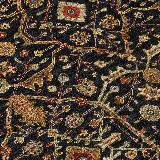 9' X 12' Black Brown And Red Floral Washable Indoor Outdoor Area Rug