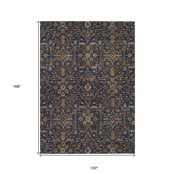 10' X 14' Navy Blue Brown And Red Floral Washable Indoor Outdoor Area Rug