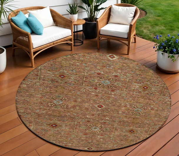 8' Brown Red And Green Round Floral Washable Indoor Outdoor Area Rug