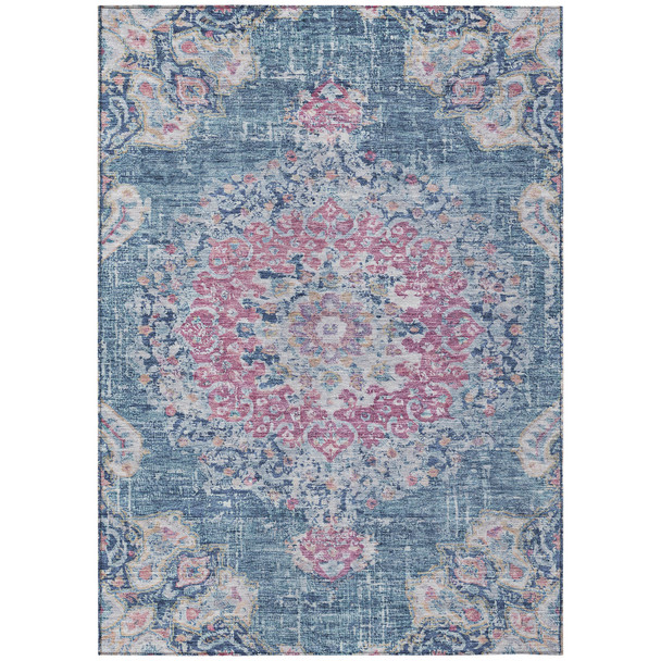 10' X 14' Blue Floral Medallion Washable Indoor Outdoor Area Rug