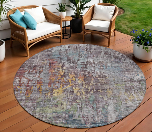 8' Pewter Round Abstract Washable Indoor Outdoor Area Rug